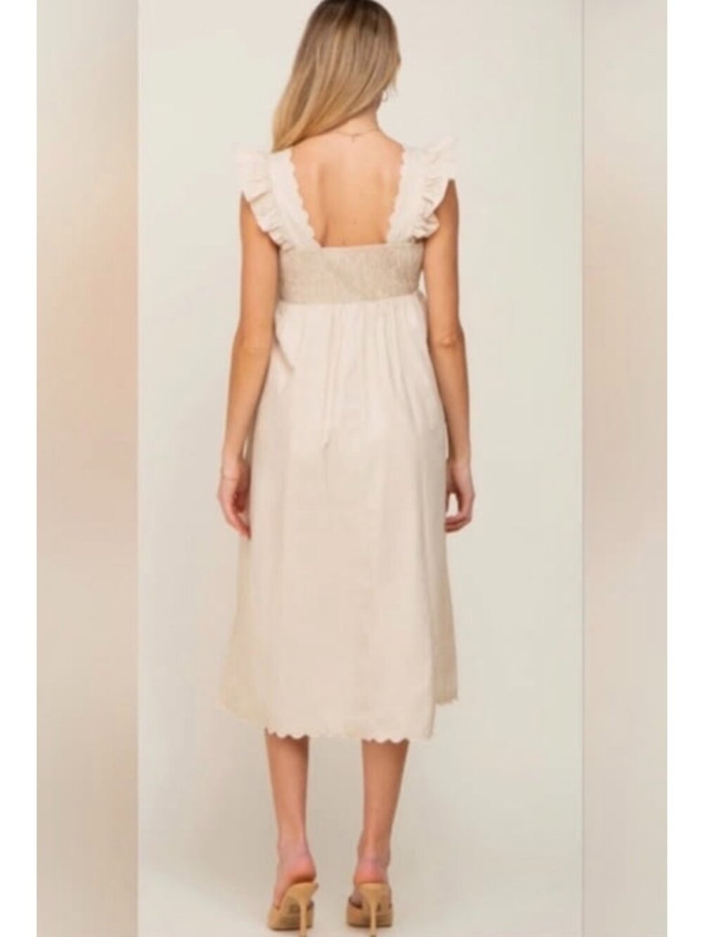 Listicle Beige Scalloped Ruffle Sleeve Cotton Maternity Midi Dress Size M - Picture 3 of 10